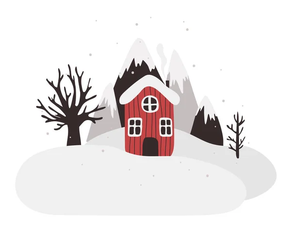 Illustrazione Vettoriale Con Una Casa Rossa Montagna Con Alberi Neve — Vettoriale Stock