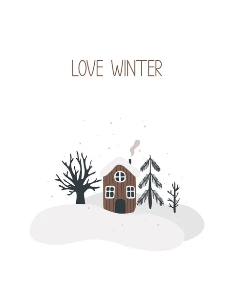 Zimní Karta Domem Stromy Závějích Minimalistickém Stylu Ručně Kreslené Zimní — Stockový vektor
