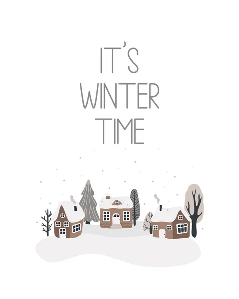 Zimní Ilustrace Domů Stromy Sníh Minimalistickém Stylu Ručně Kreslené Zimní — Stockový vektor