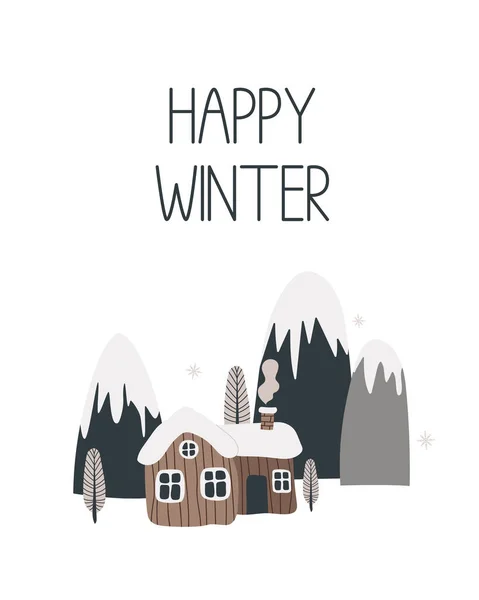 Illustration Vectorielle Une Maison Montagne Avec Arbres Neige Dans Style — Image vectorielle