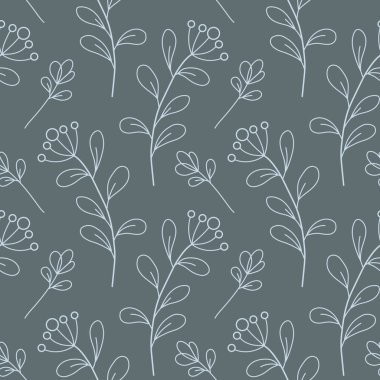 Botanik elementlerle kusursuz vektör deseni. Çiçekler, yabani otlar, şifalı bitkiler. El çizimi, dal çizimi. Tek renkli olsun. Yapraklı ve böğürtlenli bir dal taslağı.