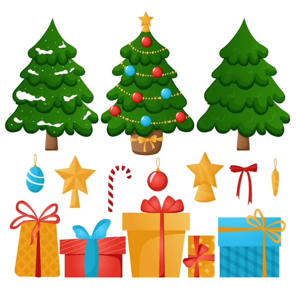 Ensemble Noël Avec Objets Décoratifs Hiver Jouets Coffrets Cadeaux Boules — Image vectorielle