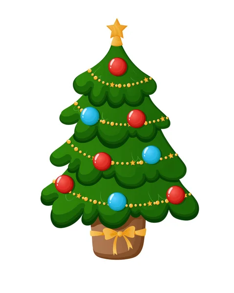 Arbre de Noël décoré avec coffrets cadeaux, étoiles, lumières, boules de décoration et lampes. Joyeux Noël et bonne année. Illustration vectorielle de style plat. — Image vectorielle