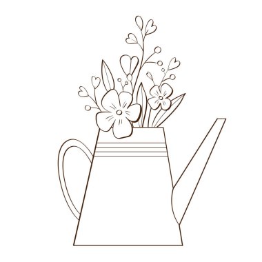 Bir buket çiçekle sulama tenekesi. Beyaz arkaplanda elle izole edilmiş vektör çizimi. Şirin el çizimi kır çiçekleriyle çizilmiş karalama çizimi. Kartpostal, poster, dekor.