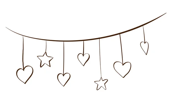 Vector garland of stars and hearts in doodle style Valentines day, party celebration, hanging hearts, cartoon collection. Vector drawing of festive decoration. —  Vetores de Stock