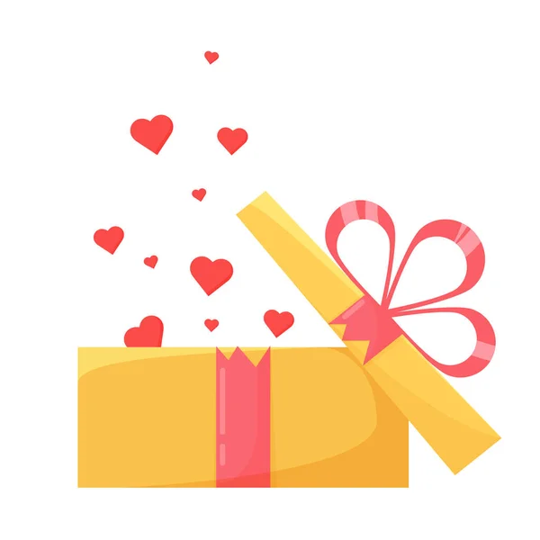 Boîte cadeau surprise jaune ouverte avec arc rose, concept de célébration de la Saint-Valentin, sac cadeau spécial. Coeurs volent à partir d'une boîte cadeau, vecteur isolé sur fond blanc. — Image vectorielle