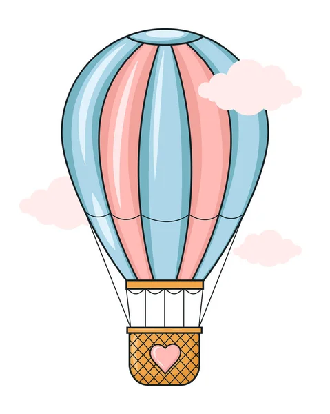 Pink Striped Balloon Basket Clouds Color Vector Illustration Cute Image — Stock Vector