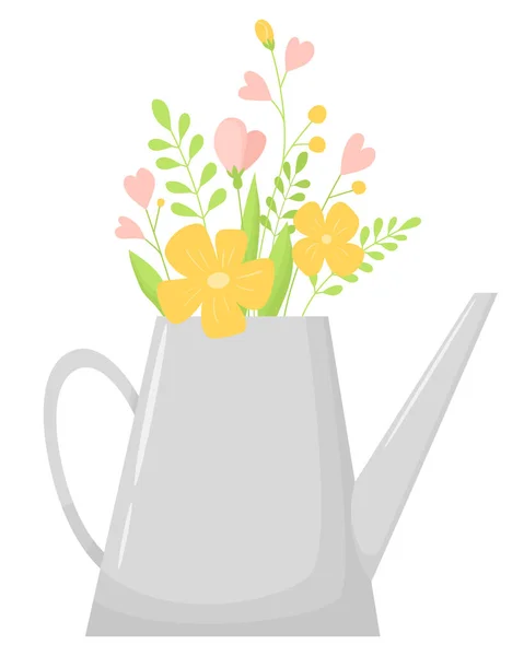 Arrosoir Avec Bouquet Fleurs Illustration Vectorielle Dessinée Main Isolée Sur — Image vectorielle