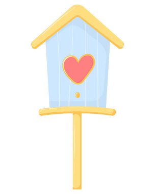 Beyaz arka planda izole edilmiş, kalbi olan şirin bir kuş evi. El çizimi Sevgililer Günü Ögesi