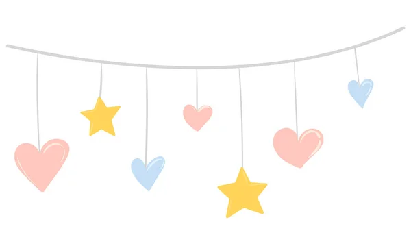 ドアスタイルの星と心のベクトルガーランドバレンタインデー パーティーのお祝い 絞首刑の心 漫画のコレクション お祝いの装飾のベクトル図面 — ストックベクタ
