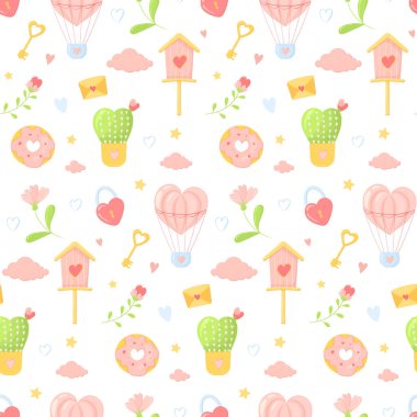 Aşk sembollü sevgililer günü kusursuz deseni. Hediye kağıdı ya da kart tasarımı için hassas desen. Kalpli desen, uçan top, pembe bulutlar ve gökkuşağı.