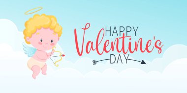 Mavi arka planda ve obaklarda çizgi film meleği Eros 'un Sevgililer Günü posteri. 14 Şubat 'ın şenlikli arka planı, el yazısıyla yazılmış. Kartpostallar, tanıtım materyalleri, web siteleri için vektör tasarımı