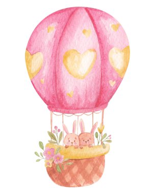 Pembe sıcak hava balonunda suluboya tavşanlar ve beyaz arka planda izole edilmiş kalpler. Suluboya tekniğinde tavşanlar, çiçeklerle süslenmiş uçan bir balonla uçuyorlar..