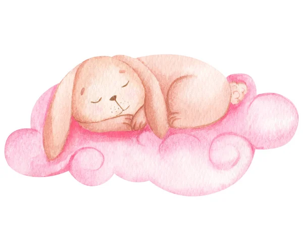 Aquarelle Lapin Mignon Dormant Sur Nuage Isolé Sur Fond Blanc — Photo