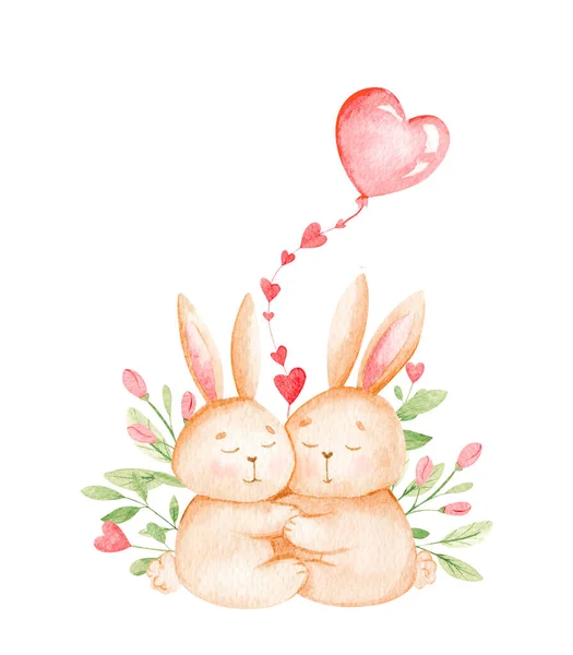 Linda Ilustración Acuarela Con Dos Conejos Abrazando Sobre Fondo Botánico —  Fotos de Stock
