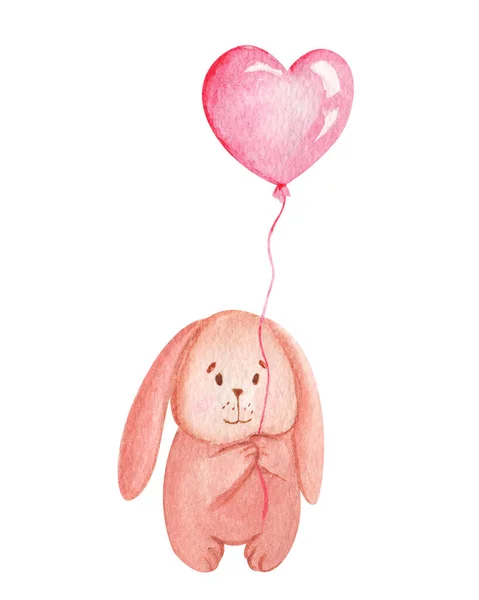 Día San Valentín Acuarela Ilustración Conejo Enamorado Globo Forma Corazón —  Fotos de Stock