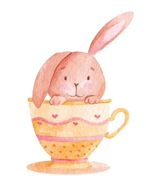 白い背景に隔離された心を持つ黄色のカップでかわいいウサギ 手描き水彩キャラクター バレンタインデーのイラスト カード ポスター プリント テキスタイル — ストック写真