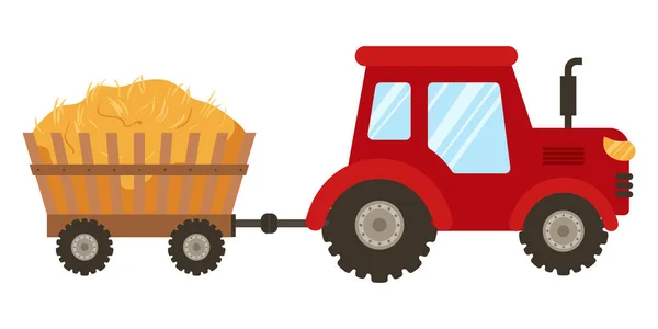 红色拖拉机与木制拖车与稻草 农业设备在卡通风格隔离的白色背景 乡村车 收获丰硕 条纹式矢量图解 — 图库矢量图片