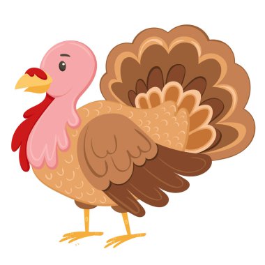 Şükran Günü. Beyaz arka planda izole edilmiş, yassı tarzda komik bir hindi karakteri. Çiftlik kuşu vektör çizimi.