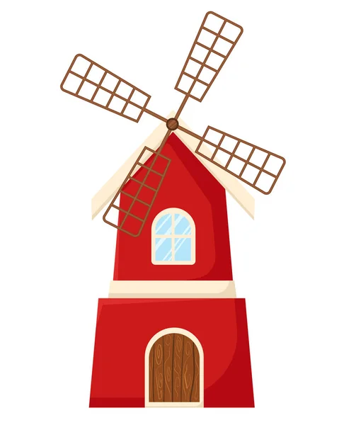 Piros szélmalom rajzfilm stílusban elszigetelt fehér háttér. Mezőgazdasági épület, vidéki életmód koncepció gyermekkönyvekhez vagy poszterekhez. — Stock Vector