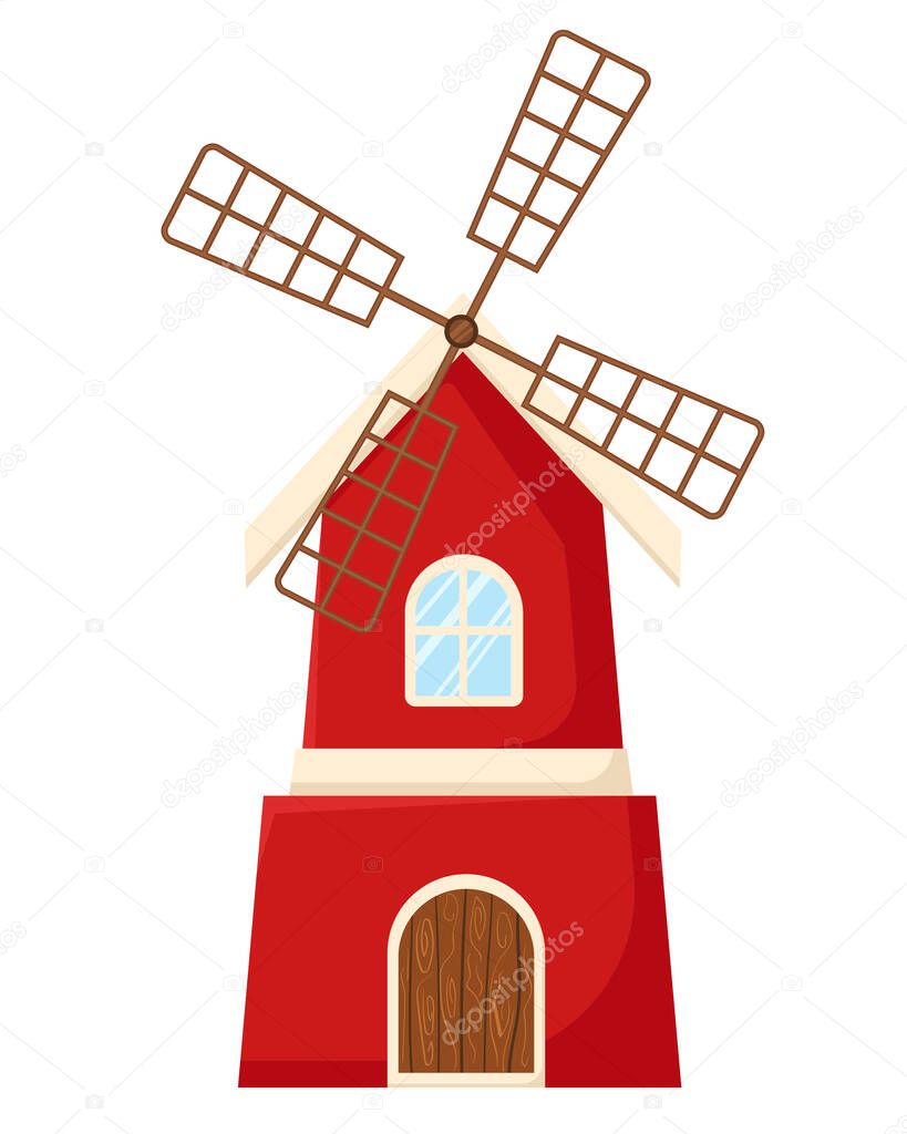 Red windmill in cartoon style on isolated on white background. Agricultural building, rural lifestyle concept for childrens books or posters.