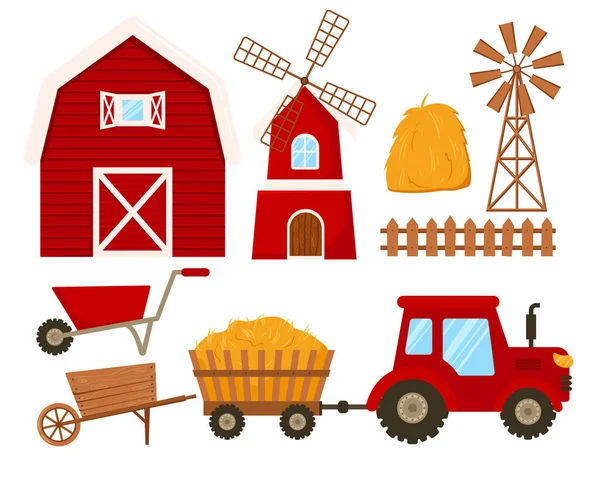 农场农舍、农舍、风车、拖拉机、皮卡、牲畜、农业和农耕概念卡通式病媒图解. — 图库矢量图片