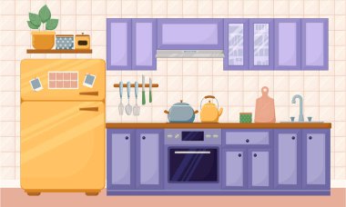 Mutfak mobilyaları düz stil. Soba, buzdolabı, asma dolaplar, raflar, dolaplar ve kaputlarla dolu rahat bir mutfak. Düz stil vektör illüstrasyonu, mutfak tasarımı.