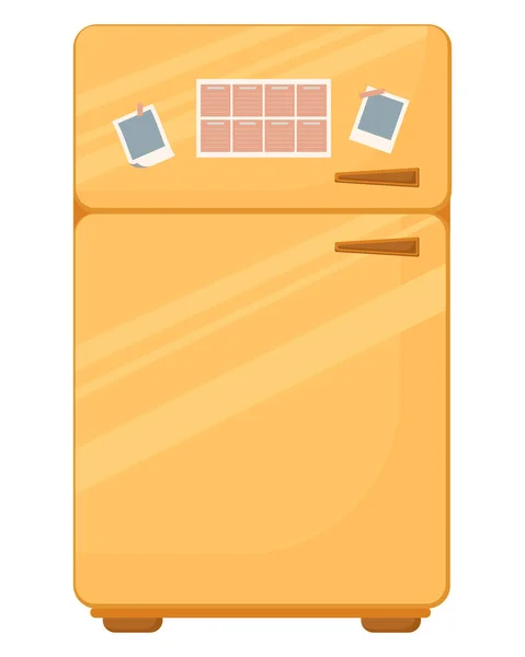 Κίτρινο ρετρό ψυγείο με μαγνήτες και ανεμόπτερο, απομονωμένο σε λευκό φόντο. Εικονογράφηση διάνυσμα ενός ψυγείου σε επίπεδο στυλ. Οικιακές συσκευές για το σπίτι και την κουζίνα — Διανυσματικό Αρχείο