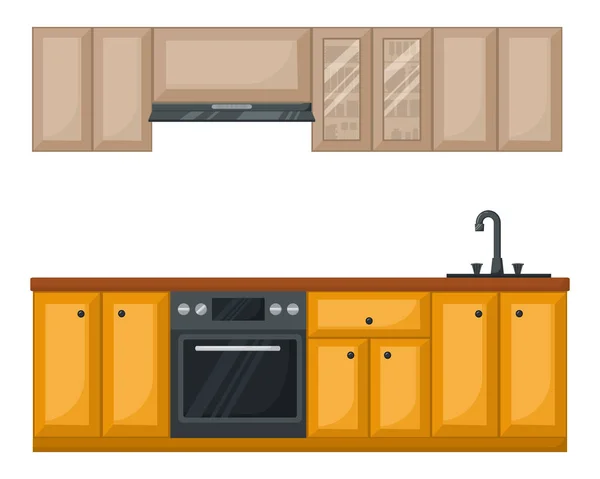 Móveis de cozinha. Interior acolhedor de uma cozinha moderna com um fogão, armários pendurados, armários e um capô. Ilustração vetorial em estilo plano, isolada sobre fundo branco — Vetor de Stock