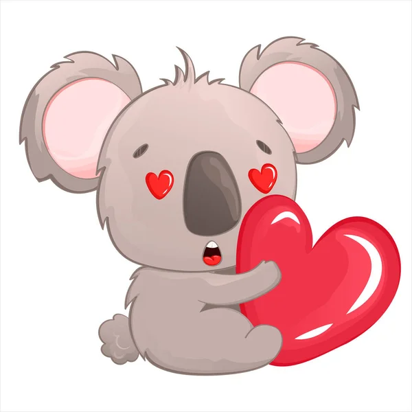 Un lindo koala con ojos cariñosos se sienta y sostiene un corazón rojo en sus manos. Postal en estilo de dibujos animados para niños. Ilustración vectorial de un koala aislado sobre un fondo blanco para dibujos y grabados — Archivo Imágenes Vectoriales