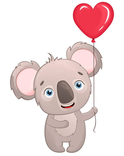 Un lindo koala se levanta y sostiene un globo rojo en forma de corazón en su mano. Postal en estilo de dibujos animados para niños. Ilustración vectorial para diseños, impresiones y patrones. — Archivo Imágenes Vectoriales