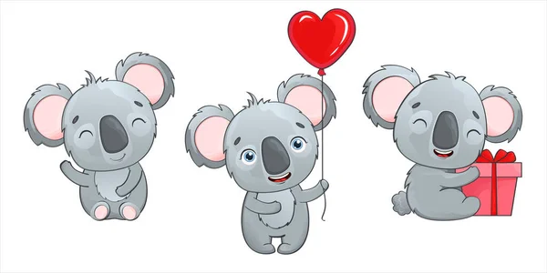 Conjunto vectorial de adorables koalas vectoriales aislados sobre fondo blanco. Animal australiano, lindo koala en un estilo acuarela. Personaje de dibujos animados animal tropical en el tema de San Valentín. — Archivo Imágenes Vectoriales
