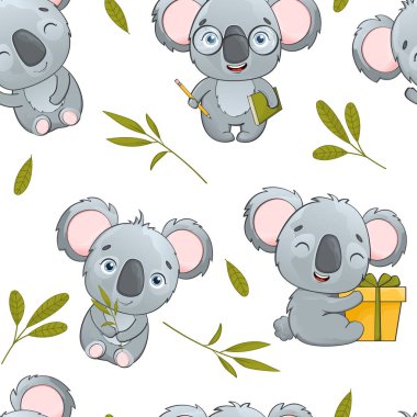 Koalalarla kusursuz vektör deseni. Tatlı Avustralya ayıları ve tropik yapraklar. Çizgi film koala tasarımı. Çocuklar için vektör niteliği. Ambalaj ve tasarım için tropikal hayvanlarla desen