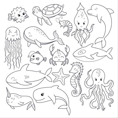 Beyaz arka planda izole edilmiş karikatür tarzında bir sualtı dünyası vektör kümesi. Deniz ve okyanus sakinlerinin temasını çizgi sanatı tarzında boyayan çocuklar. Okyanus teması.