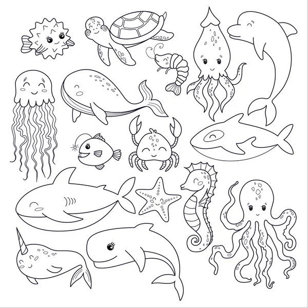 Vector set of underwater world in cartoon style isolated on a white background. Childrens coloring on the theme of the sea and ocean inhabitants in the style of line art. Ocean theme. — Stock Vector