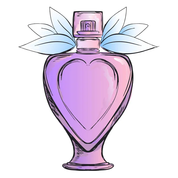 Ilustrasi vektor gambar tangan - parfum Prancis. Garis besar elemen desain. Sketsa fashion. Botol kaca dengan aroma bunga. Sempurna untuk undangan, kartu ucapan, poster, cetakan dll - Stok Vektor