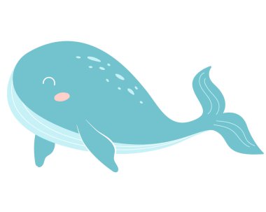 Blue whale illustration in flat style isolated on white background. Cute cartoon whale for kids textile design, kids room design