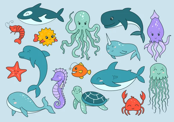 Set of collection of marine animals underwater. Whale, shark, dolphin, octopus, clown fish, turtle, starfish, horse, hedgehog, fish, jellyfish. Vector illustration in flat style. — стоковый вектор