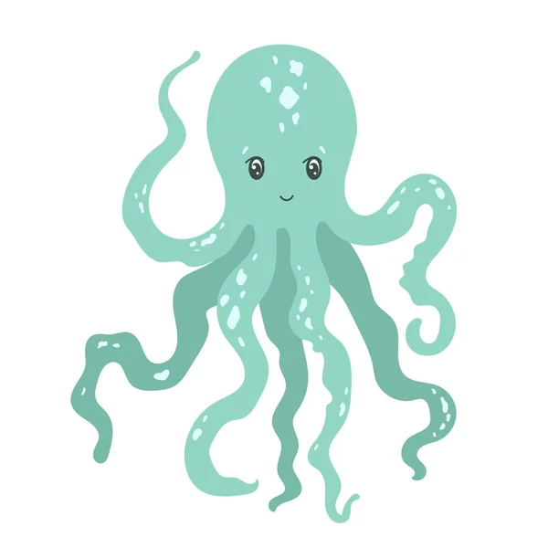 Cute vector octopus in flat, cartoon style, isolated on white background. Underwater world, ocean animals in cartoon style. Baby illustration in pastel colors. — Stockový vektor