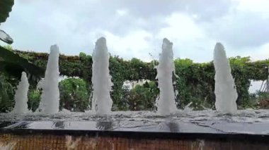 Gökyüzü ve bahçe arkaplanı olan bir şehir parkında güzel bir çeşme süsü.