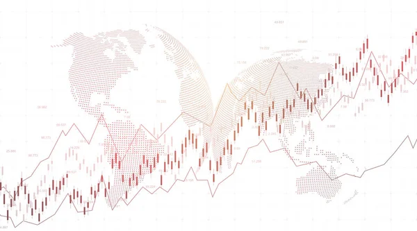 상향 그래프와 흑백 배경 세계 지도가 있는 노골적 인 금융 차트. 비즈니스 캔디 스틱 그래프 주식 투자 거래의 그래프. 벡터 일러스트 — 스톡 벡터