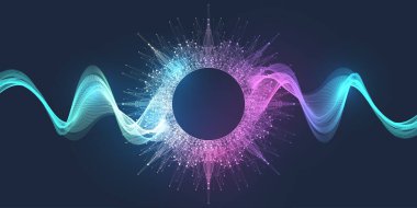 Çizgiler ve noktalarla müzik dalgası poster tasarımı. Soyut gradyan çizgi dalgaları olan ses pilotu. Müzik soyut arka plan. Vektör kavramı.