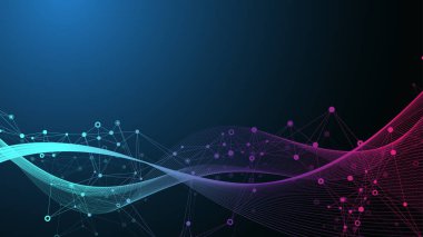 Renkli moleküllerin arka planı. DNA sarmalı, DNA ipliği, DNA testi. Molekül ya da atom, nöronlar. Bilim ya da tıbbi altyapı için soyut bir yapı. Bilimsel mavi pankart tasarım şablonu çizimi.