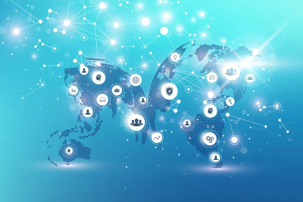 Weltkarte mit globalem Technologie-Vernetzungskonzept. Digitale Datenvisualisierung. Linien plexus. Big Data Hintergrundkommunikation. Wissenschaftliche Illustration. — Stockfoto