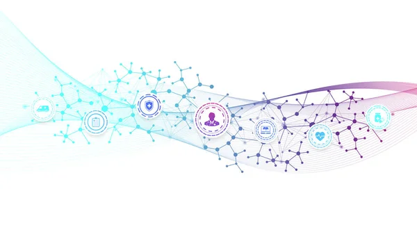 Modèle de bannière pharmaceutique de soins de santé avec des icônes plates. Concept de médecine de la santé. Bannière pharmaceutique de technologie d'innovation médicale. Illustration vectorielle. — Image vectorielle