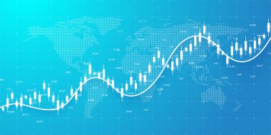 Üst çizgi grafiği ve siyah beyaz arkaplan üzerine dünya haritası olan soyut finansal tablo. Business Candle borsa yatırım ticaretinin grafik çizelgesi. Vektör illüstrasyonu.