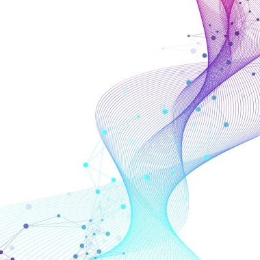 Bilimsel illüstrasyon genetik mühendisliği ve gen manipülasyonu kavramı. DNA sarmalları, DNA iplikleri, molekül veya atom, nöronlar. Bilim ya da tıp geçmişi için soyut bir yapı. Dalga akışı