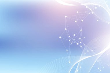 Renkli moleküllerin arka planı. DNA sarmalı, DNA ipliği, DNA testi. Molekül ya da atom, nöronlar. Bilim ya da tıbbi altyapı için soyut bir yapı. Bilimsel mavi pankart tasarım şablonu çizimi.