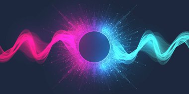 Soyut gradyan çizgi dalgalarıyla ses posteri tasarımı. Müzik dalgası soyut arkaplan, resimleme.