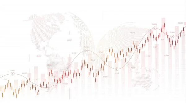 Gráfico financeiro abstrato com gráfico de linha de alta tendência e mapa do mundo em fundo de cor preto e branco. Gráfico gráfico de vara de vela de negócios de negociação de investimento no mercado de ações. Ilustração vetorial. —  Vetores de Stock